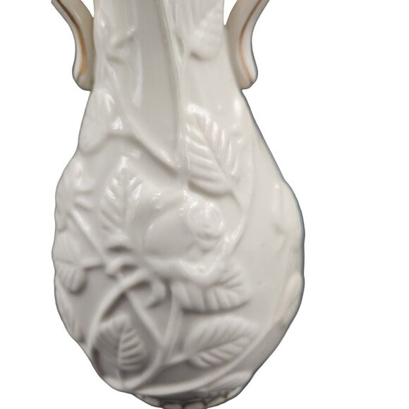 Vintage Rose Vase Gold Trim Handles Shabby Chic Cottage White Embossed Flower - Picture 3 of 8